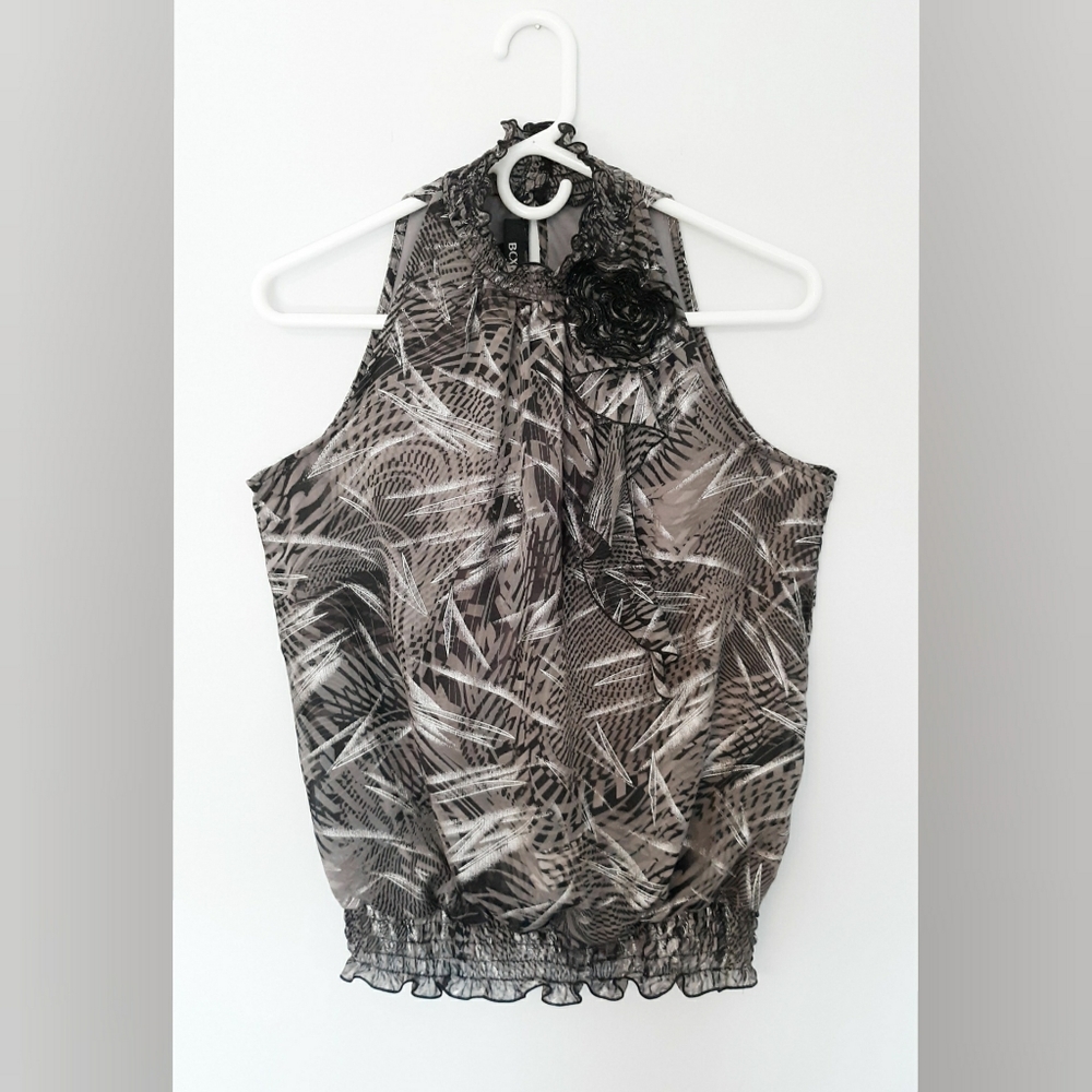 BCX Silver Metallic Ruffle Trim Sleeveless Blouse With Floral Accent - Size L